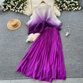 GX8042 Fashion Women Elegant Gradient Clothing Street Wear Half Sleeve V-Neck Tops and Pleated Maxi Skirt 2 Piece Set