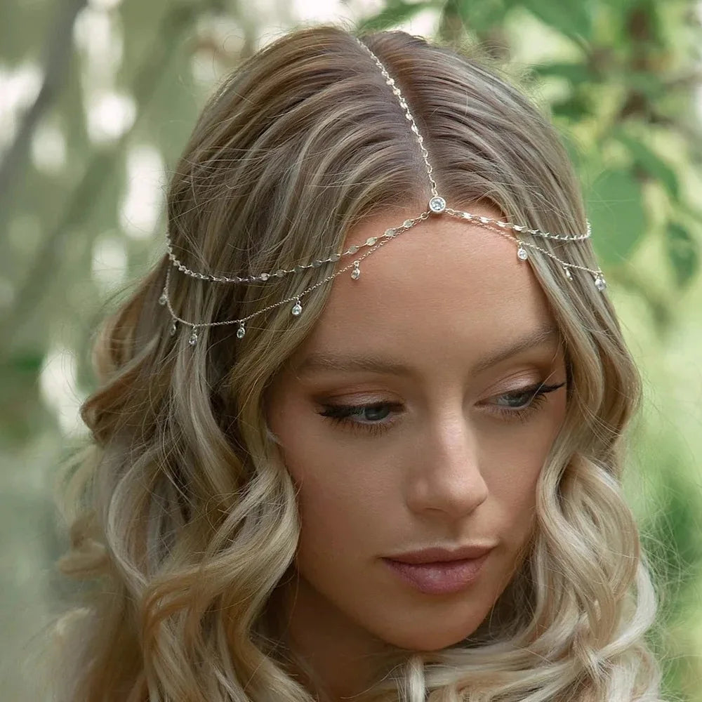 Rhinestone Head Chain Jewelry Silver Bride Headpiece Wedding Headbands Chain Layered Festival Prom Hair Accessories