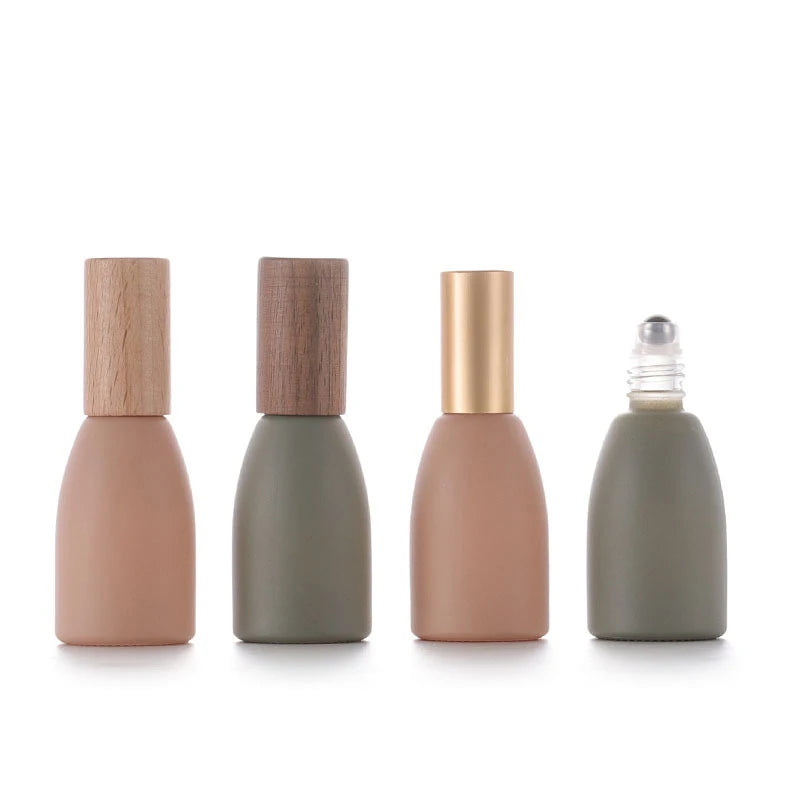 New Design Steel Roller Ball Essential Oil Cosmetic Packaging 10ml Glass Perfume Roll on Bottles With Walnut Wood Cover