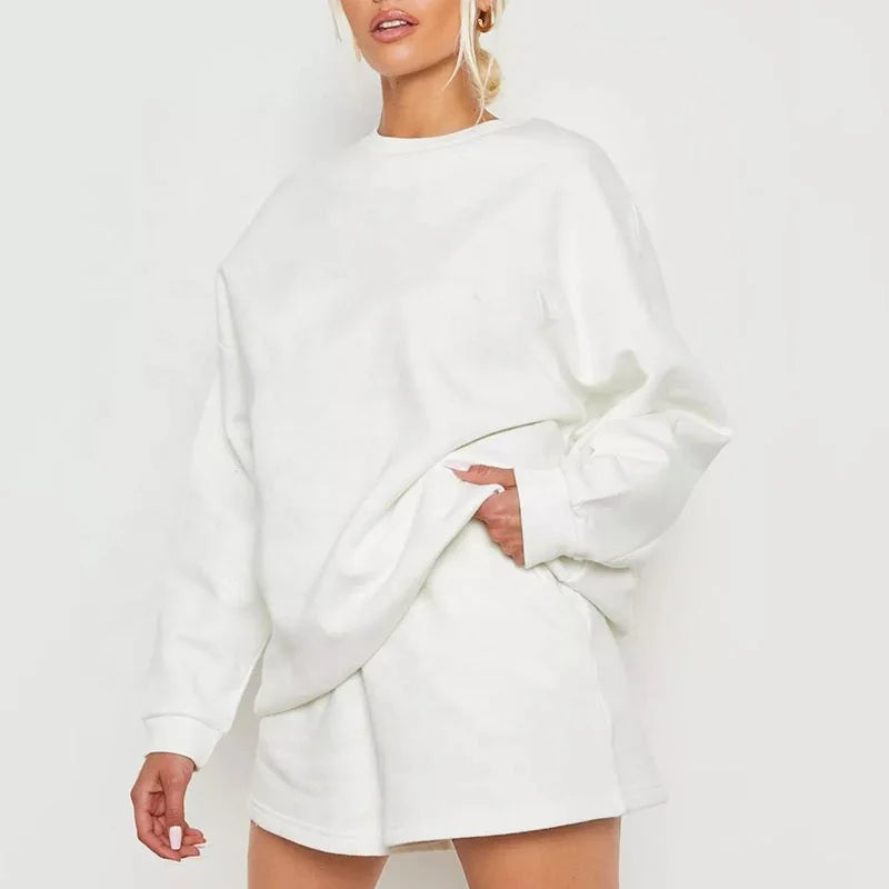 Oem Custom Cotton Fleece Crew Neck Blank Ladies 2 Piece Set Sport Tracksuits Long Sleeve Shorts Embroidery Women Outfits