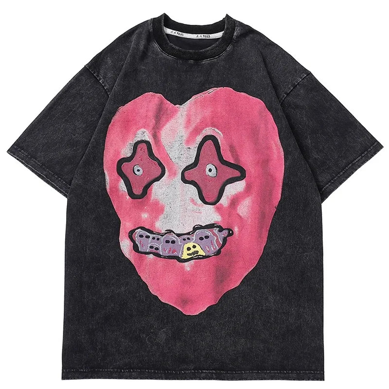 2023 Men Hip Hop Washed T-shirt Streetwear Funny Heart Monster Print T Shirt Harajuku Short Sleeve Tops Cotton Casual Tshirt