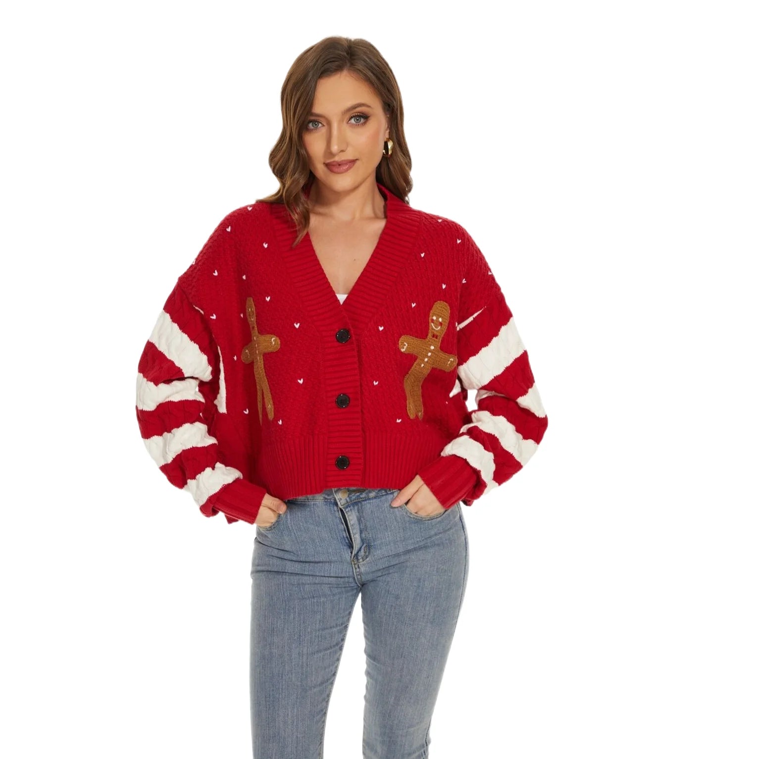 Women Fashion Long Sleeves Sweater Tops Wholesale Winter Oversize  V-Neck Embroidery Christmas Red Short Cardigan