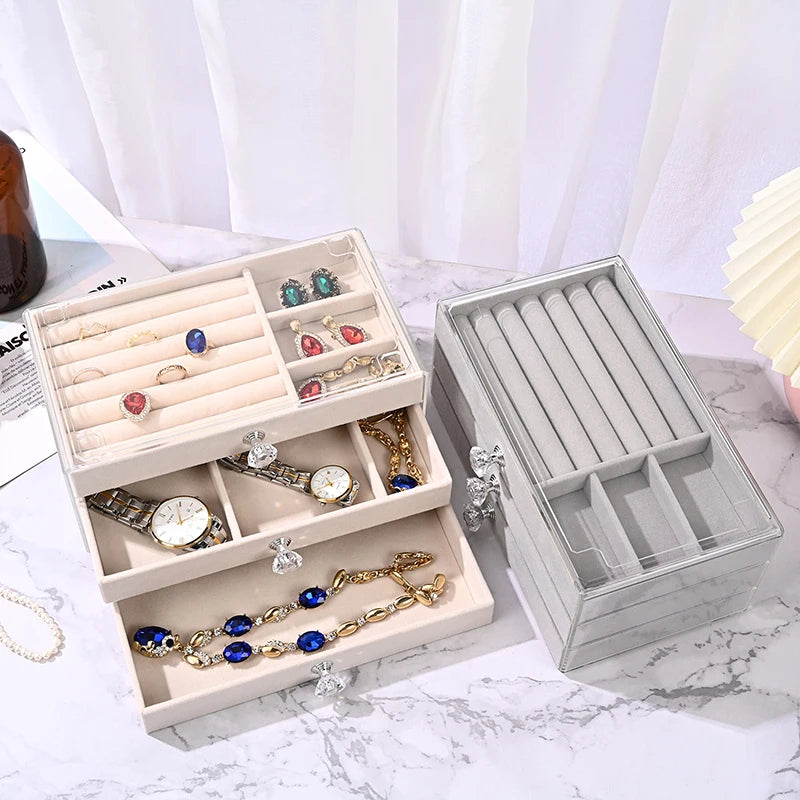 Acrylic Jewelry Box Transparent Jewelry Trinket Box Three Layer Drawer Jewelry Storage Box Flannelette Ring Tray