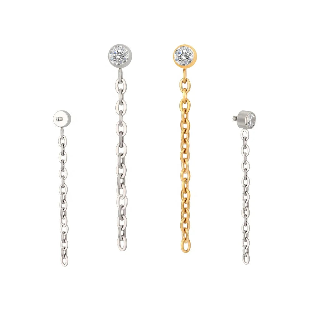 G23 Titanium CZ With Chain Dangle Internally Threaded Top Labret Stud Earring Ear Nose Piercing Body Jewelry Top Part
