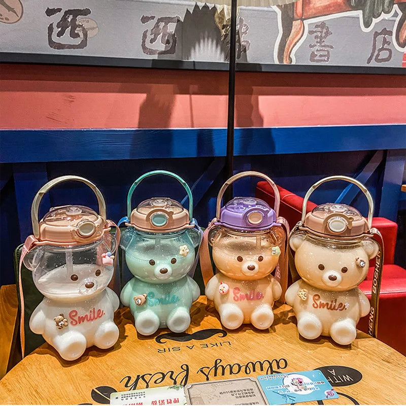 Kawaii Bears Children Water Bottle Plastic Water Jug Clear Plastic Kid 1l Large Water Bottle BPA Free with Straw