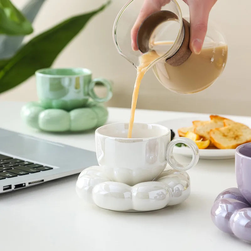 Wholesale Custom Sunflower Handmade Porcelain 200ml Novelty Cup Saucer Nordic Color Glazed Breakfast Drinking Latte Coffee Cup