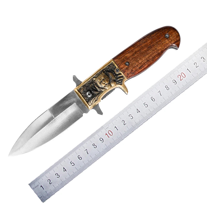 Leopard Style Folding Knife Wood Handle Durable Stainless Steel Push Button for Hunting Camping Backpack Survival Pocket Knife