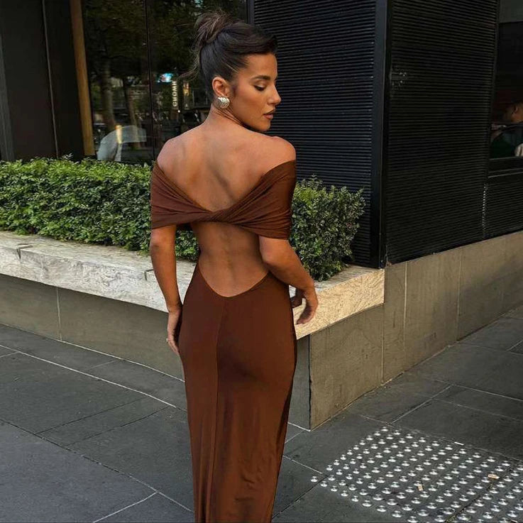 2025 Summer Elegant Solid Bodycon Dress for Women Slash Neck Skinny Stretch Birthday Party Streetwear Breathable Vestidos Maxi