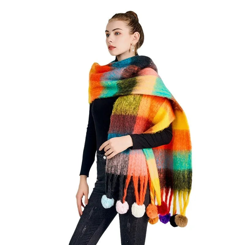 Women's Winter Warm Knitted Scarf Large Soft Shawl Color Matching Checked Pattern Thick Blanket Scarf With Pom Pom