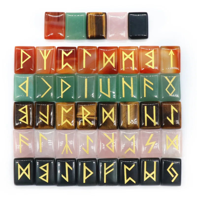HZ 25 Piece Pink Crystal Rune Letters Red Agate Obsidian Engraved Semi-Precious Stones Carved Gemstone Healing Runes Stone