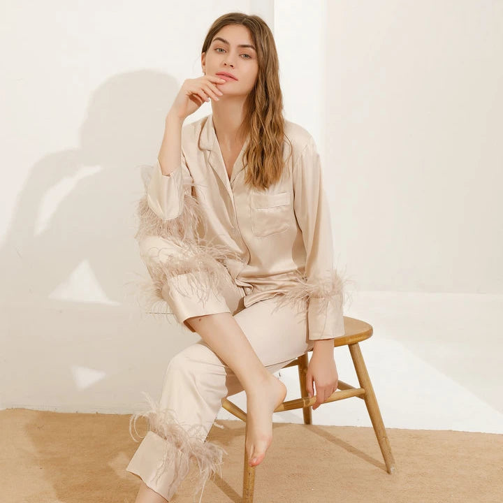 Fung 6023 6027 Summer Homewear V-neck Long Sleeve Tops Women Sets With Pants Feathers Nightwear Female 2 Piece Set
