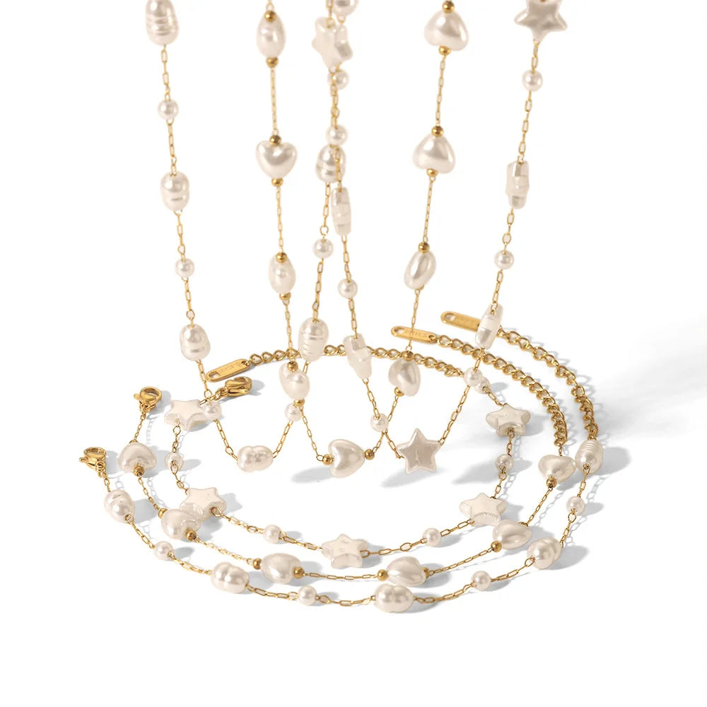 YF3872 New Tassel Stainless Steel Waterproof Jewelry Set 18k Gold Plated Hear Shaped Star Pearl Necklace Bracelet
