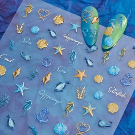 Embossed Marine Life Design Nail Uv Sticker Seashell Nail Art Decals Ocean Theme Nail Spa Supplies