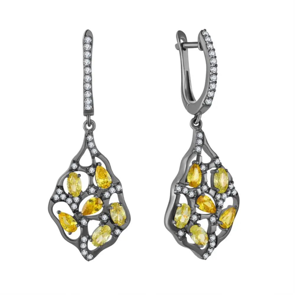 Ready Stock Black Gold Natural Diamond Gemstone Jewelry Yellow Zircon Earrings 925 Sterling Silver Drop Earrings Fine Jewelry