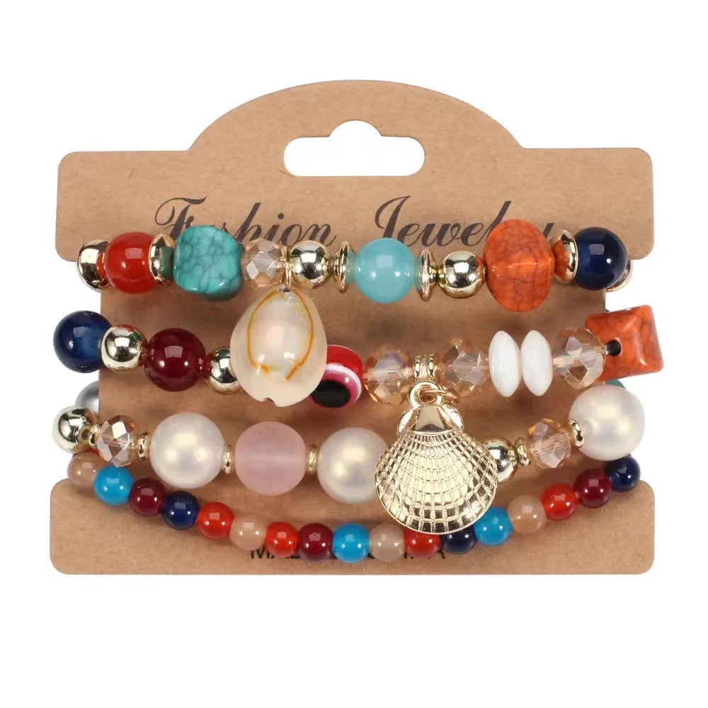 YL New All-Match Acrylic Resin Lucite Conch Shell Pendant Devil's Eye Candy Bead Elegant Multi-Layer Elastic Beaded Bracelet