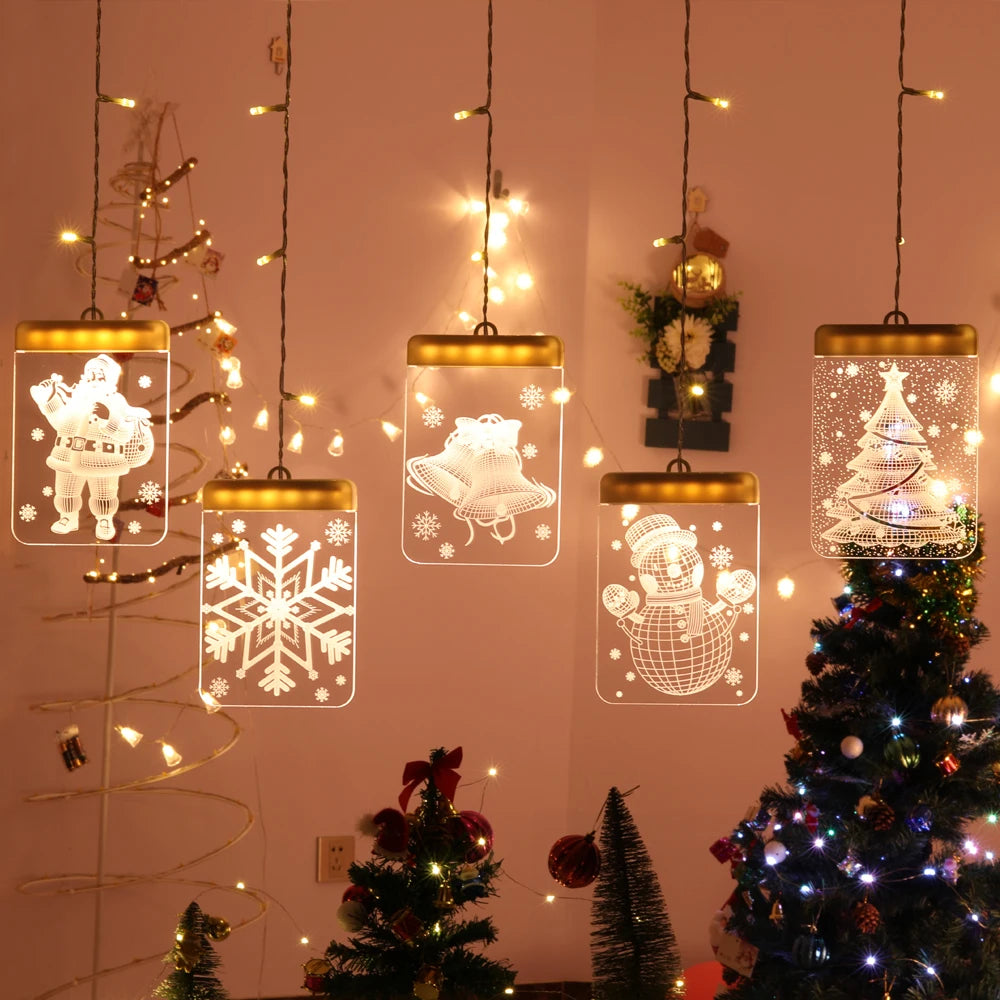 5pc/set New Design USB Powered Warm White LED Indoor Christmas Hanging Light Window Decoration Acrylic Christmas Ornament