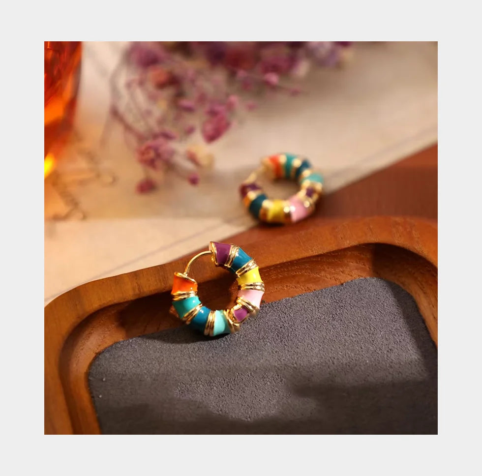 Real Gold Electroplated Drip Circle Enamel Colored Ear Buckle White All-Match Colorful Drop Oil Personalized Hoop Earrings