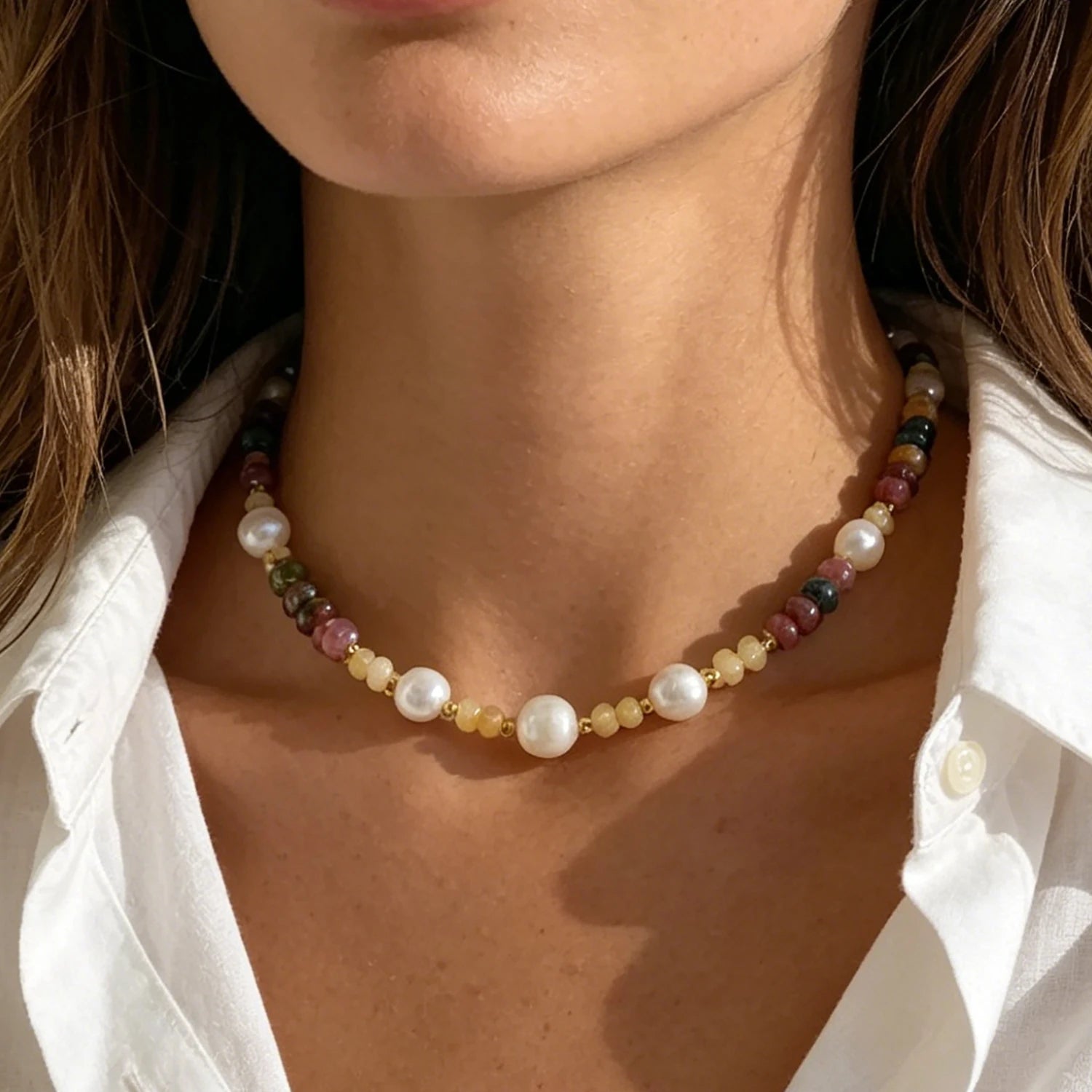 Handmade Dainty Multicolor Natural Stone Beaded Freshwater Pearl 18K Gold Plated Stainless Steel Waterproof Necklace Women Gift