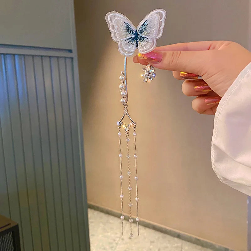 SC Hot Selling Long Pearl Tassel Earring Cuffs Non Pierced TikTok Bling Fairy Diamond Pearl Lace Butterfly Ear Cuff Earrings