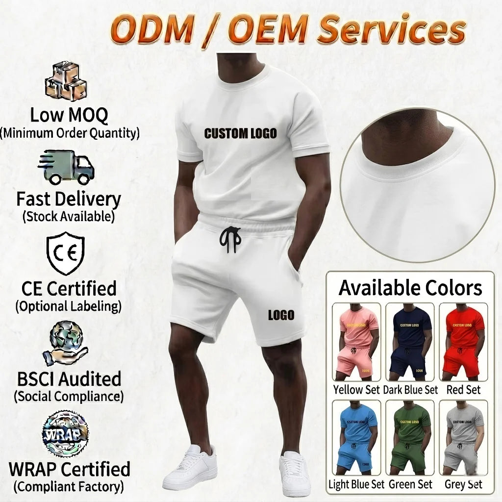 Summer Men's Leisure Sports Fitness Short Sleeve Shorts Solid Color Can Be Customized logo Suit Men's Set