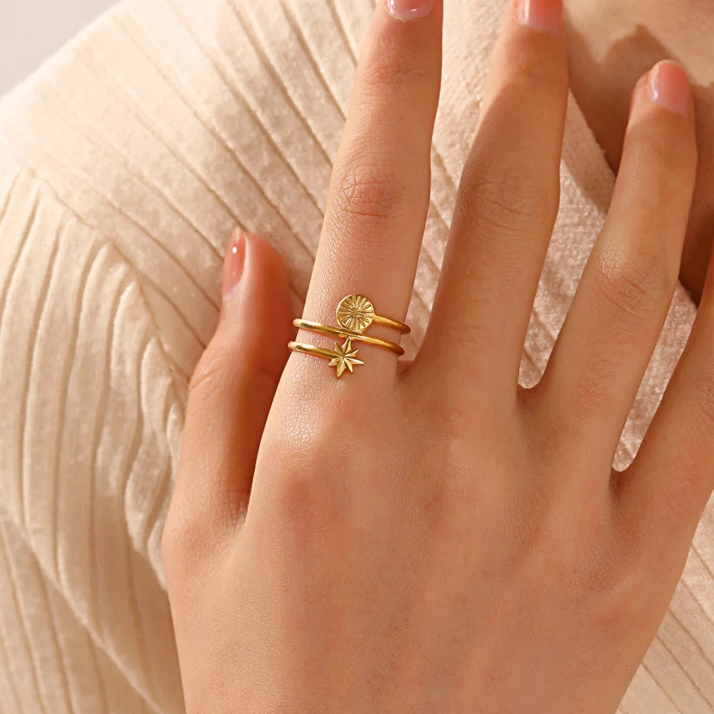 New Arrival Luxury 14k Gold Plated Circle Three Layer Eight Stars Stainless Steel Open Ring