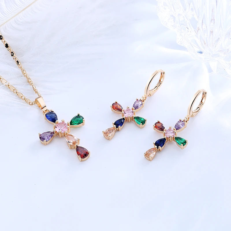 Trending Jewelry 2021 Western  Necklace and Earrings Jewelry Set 18k Gold Plated Cubic Zirconia Cross Pendant Sets