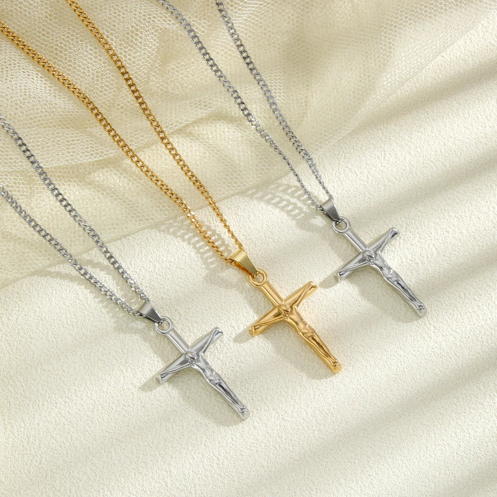 Christian Crucifix Jesus Cross Pendant Necklaces With Chain for Men Women Stainless Steel Silver/Gold Plated Jewelry Gif