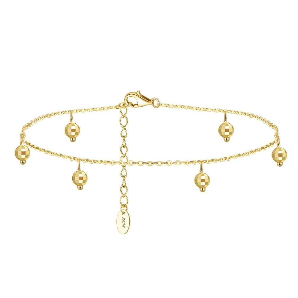 RINNTIN SA26 Wholesale Fine Jewelry 925 Sterling Silver Ankle Bracelet for Women Ancle 1mm Cable Chain With 6mm Beads Anklets