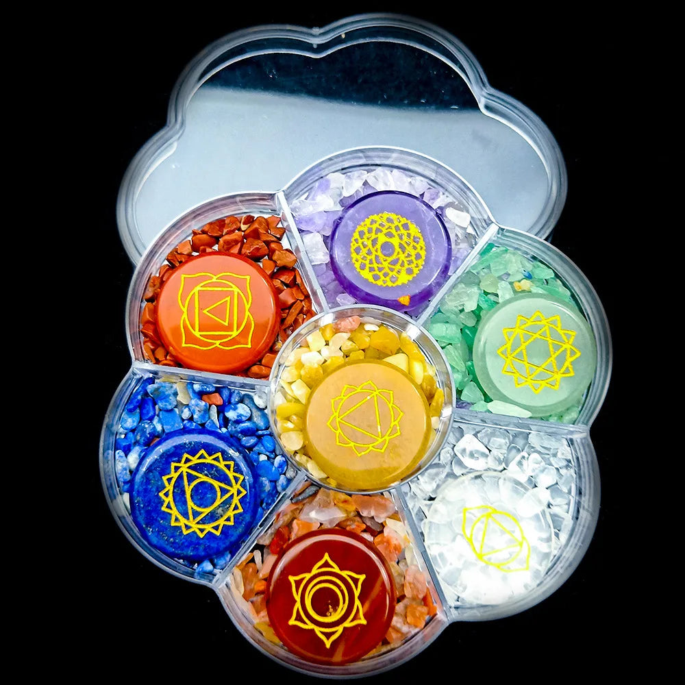 Power 7 Seven Chakra Crystal Chips Stone Chakra Stone Set Hot Selling Natural Love Gemstone Feng Shui Engraving 5 Sets Carved