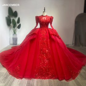 Luxury Red Wedding Dresses Long Sleeve High Neck Applique Lace up Church Bride Gowns Wm30