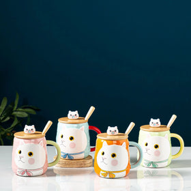 Cute Cat Style Ceramic Mugs with Lid Spoon Morning Milk Coffee Tea Mug Cartoon Unique Porcelain Mugs