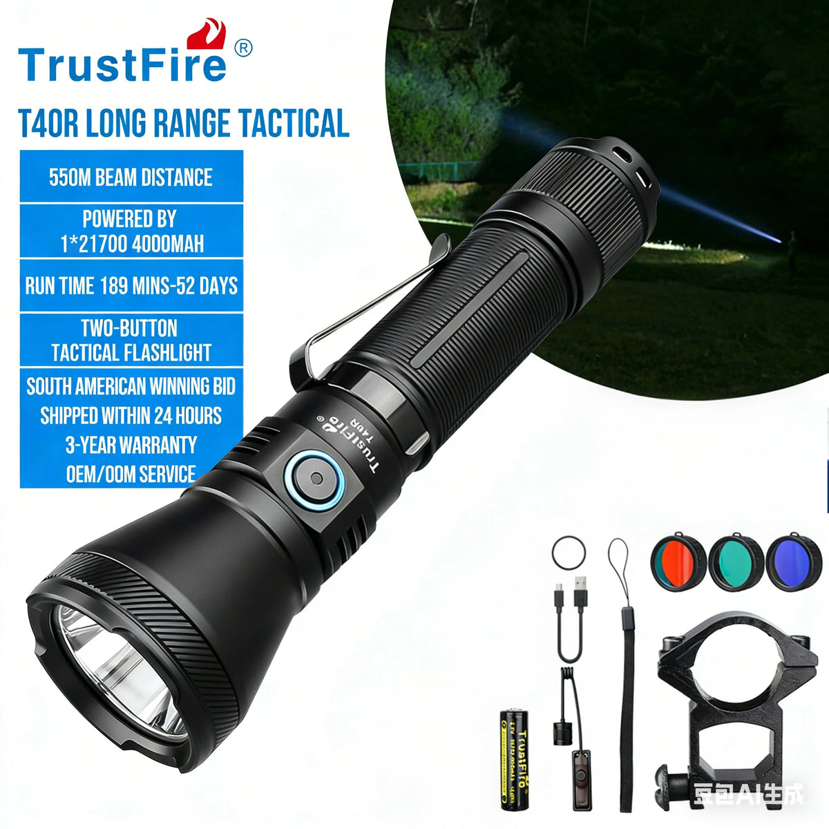 Wholesale 550LM Long Beam Tactical Flashlight TrustFire T40R Super Bright 1800LM IP68 Aluminum 21700 USB Hand Torch for Hunting