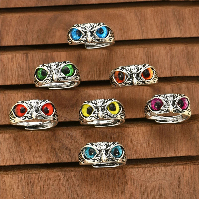 Unique Vintage Opening Adjustable Cute Men and Women Statement Jewelry Gifts Alloy Multicolor Demon Eye Owl Ring