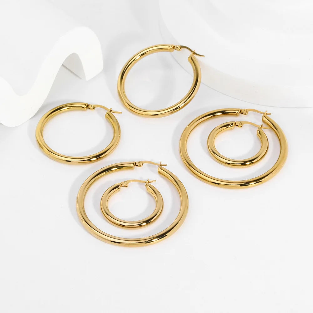 High Polished 30MM 40MM 50MM Lightweight Waterproof 18k Gold Plated Stainless Steel Big Chunky Hoop Earrings for Women