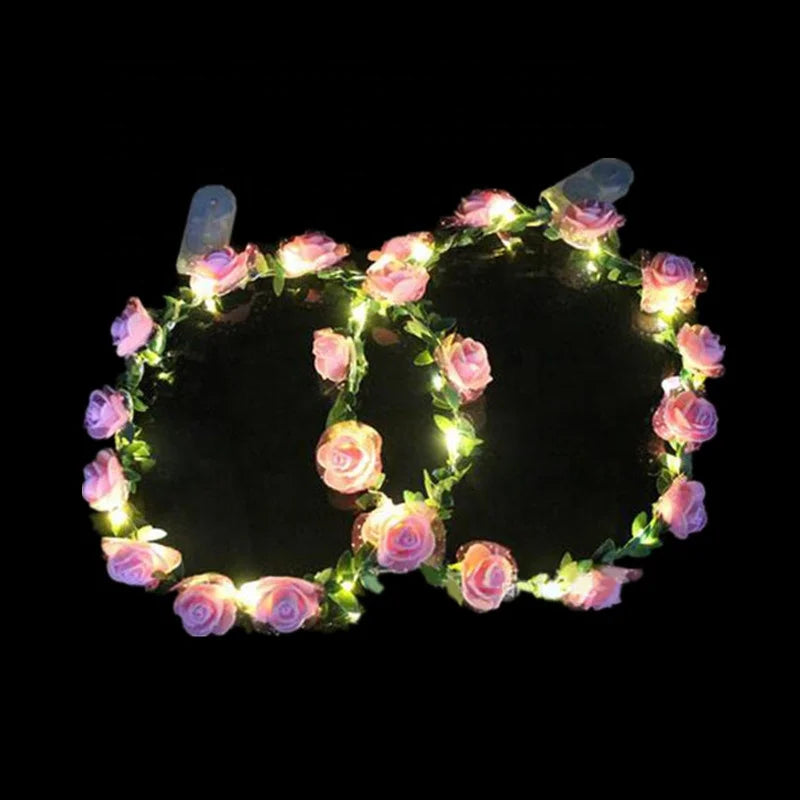 Valentines Wedding Party LED Flower Crown Pink Rose Light up Floral Headband for Women