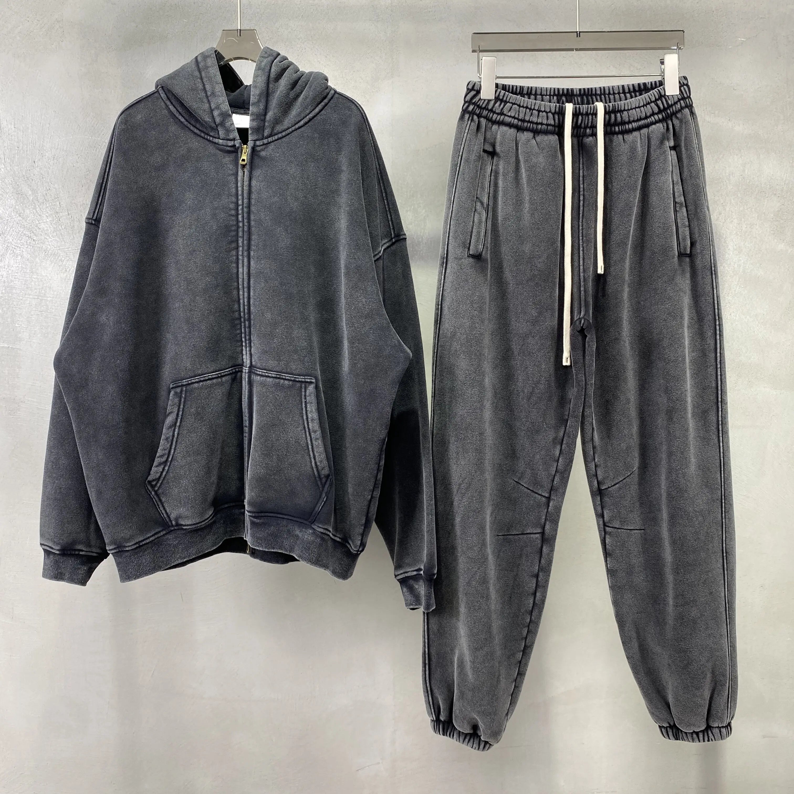 Wholesale 400GSM Cotton Fleece Acid Washed Distressed Quality Men's Hoodie Custom logo Oversized Plus Size Streetwear