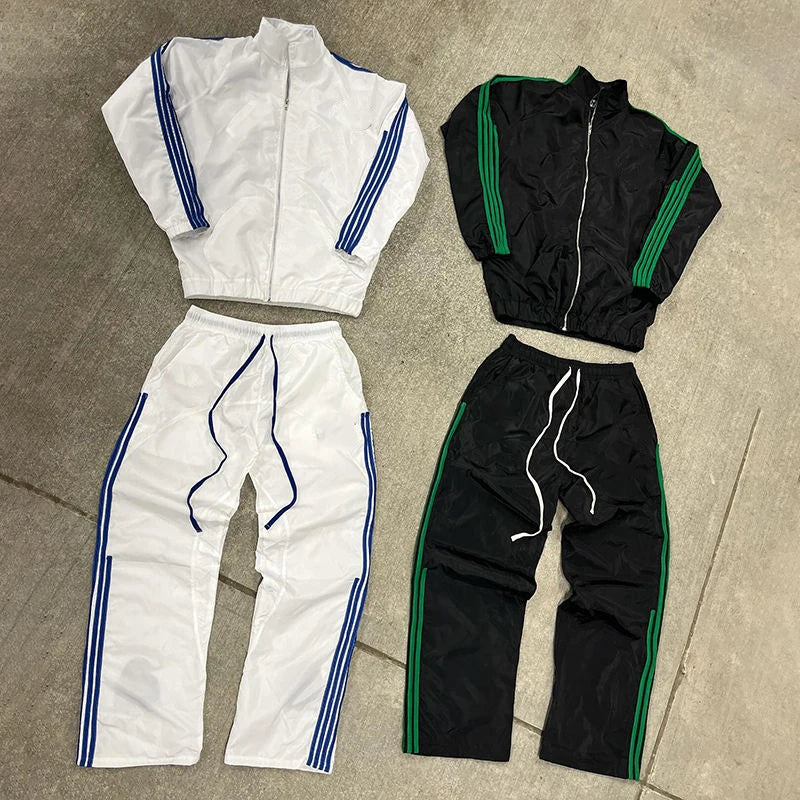 YSJY Manufacturer Streetwear Custom Embroidery Stripe Zip up Vintage Polyester Windbreaker Jacket Nylon Tracksuit Set for Men