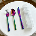 3PCS Rainbow Titanium Plated Portable Cutlery Set with Case410 Stainless Steel Flatware Set Holographic Travel Utensils for Gift