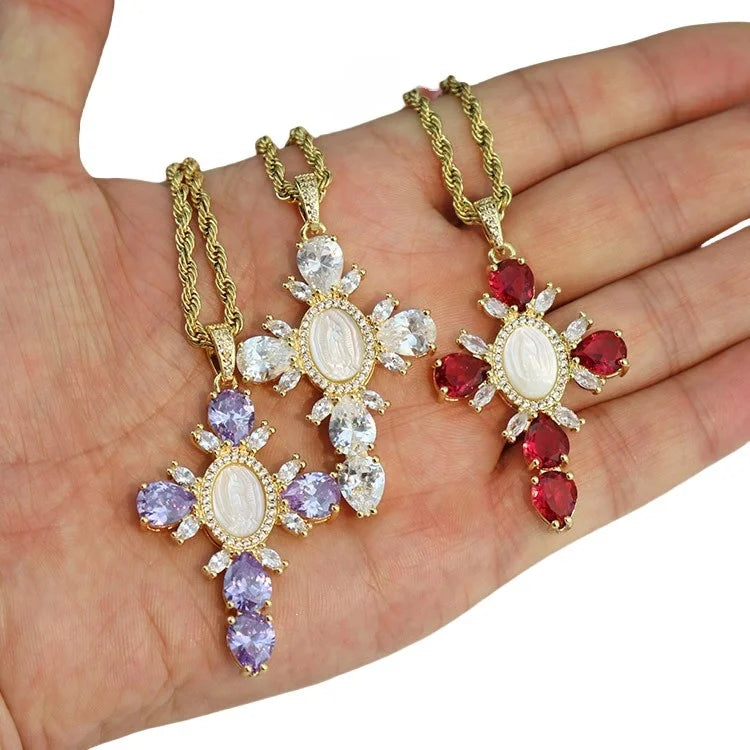 NZ1335 Cubic Zirconia CZ Micro Pave MOP Virgin Mary Cross Necklace Diamond Cross Religious Stainless Steel Rope Chain Necklace