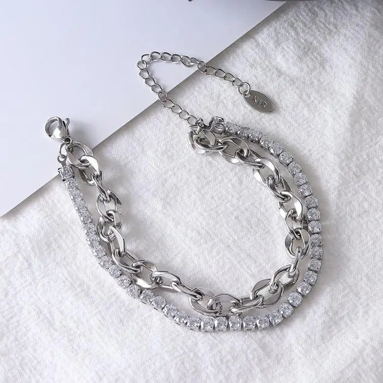 Simple Bling Double Layer Cubic Zirconia Stainless Steel Chain Bracelets Pulsera De Acero Inoxidable Bijoux Fantaisie En Gros