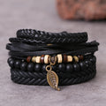 Vintage Style Beaded Leaf Design Multi Layer Braided Leather Bracelet Set