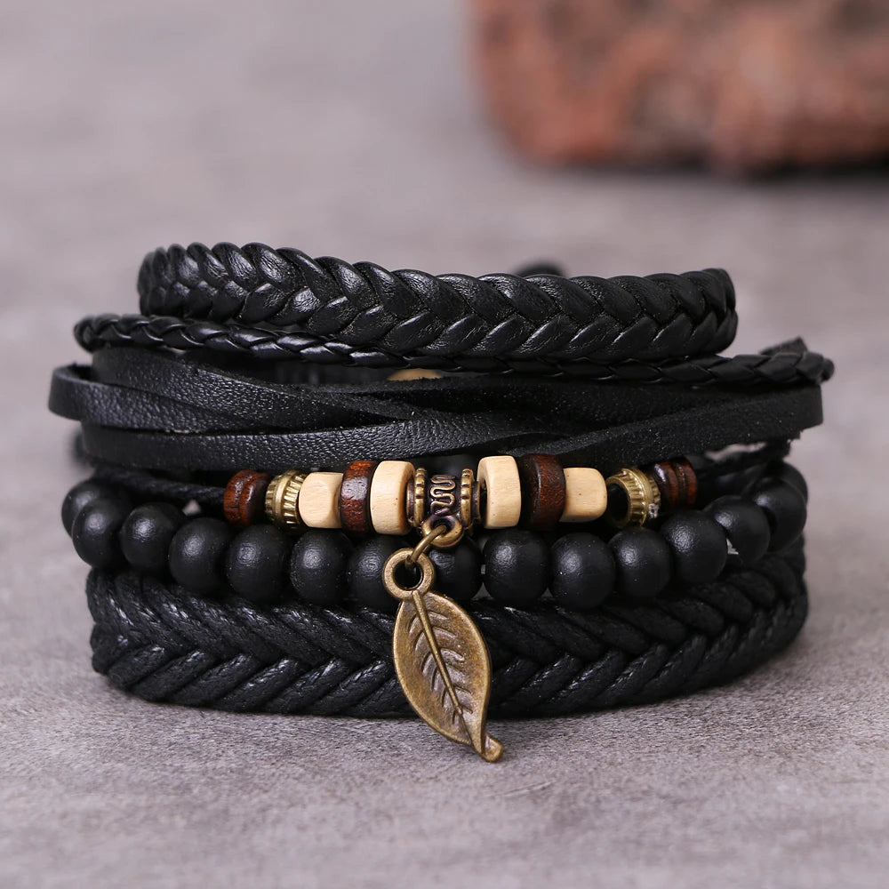 Vintage Style Beaded Leaf Design Multi Layer Braided Leather Bracelet Set