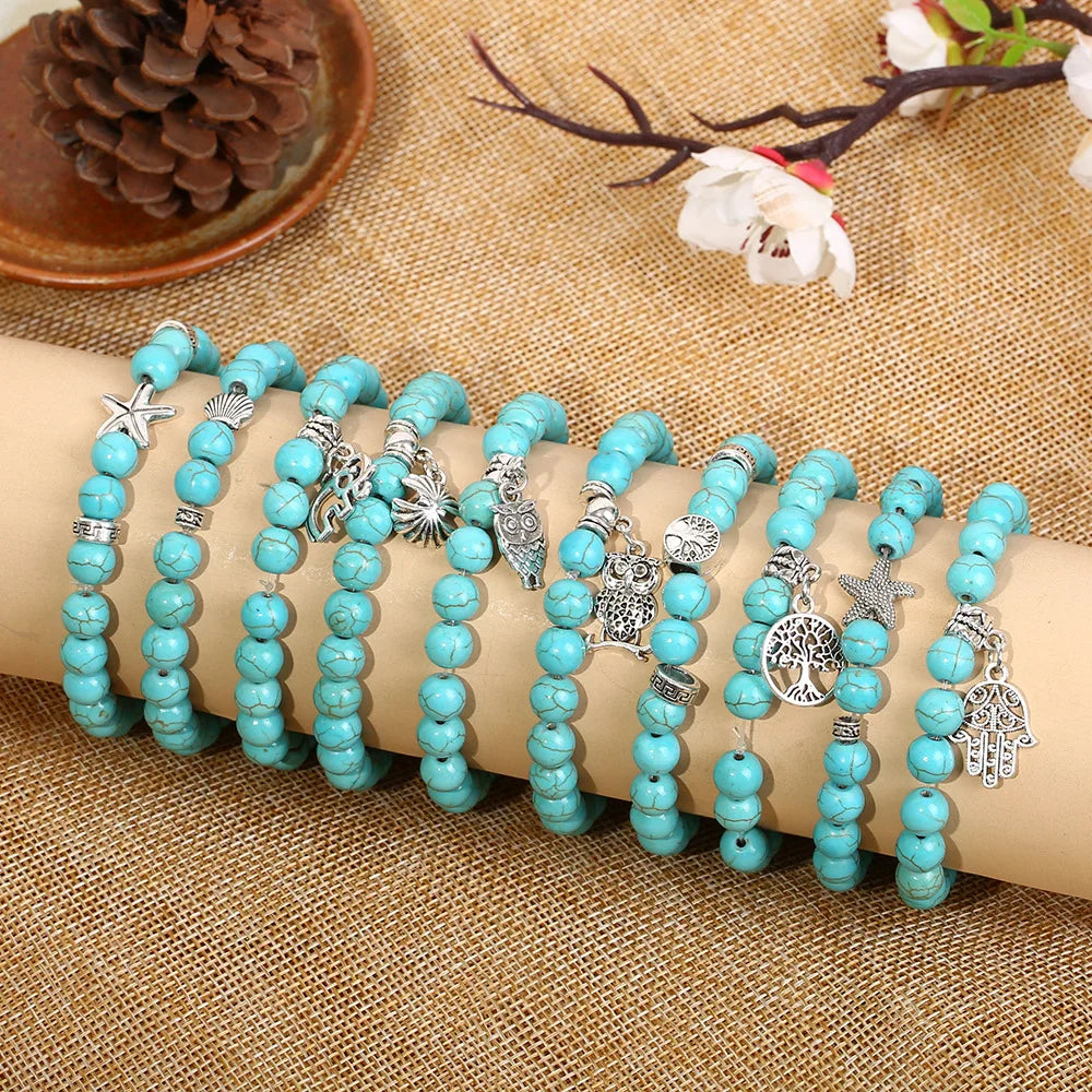 Wholesale Turquoise with Zinc Alloy Charms Healing Stone Tree of Life Beads Durable Elastic Bracelet for Men a Women