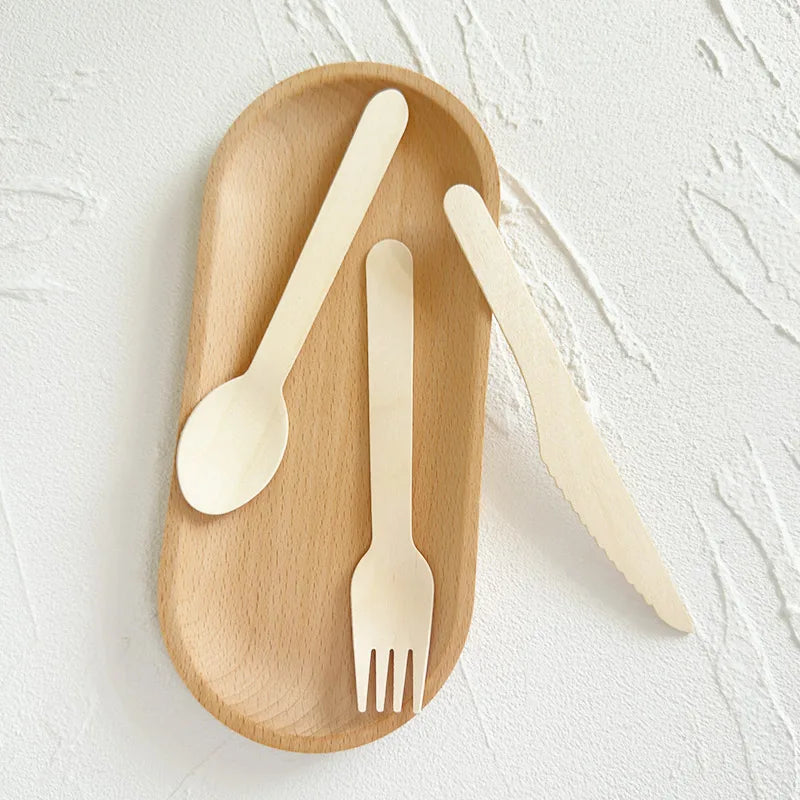 Disposable Birch Wood Eco-Friendly Food Safe Knife Fork Spoon Cutlery Set 100% Biodegradable Recyclable Camping Use Free Sample MegaBDM