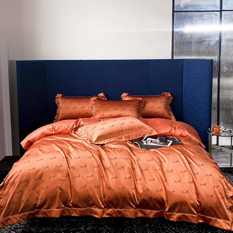 Wholesale Luxury Orange 100% Cotton Satin Jacquard Silky Duvet Cover 4-Piece High-end Bedding Set