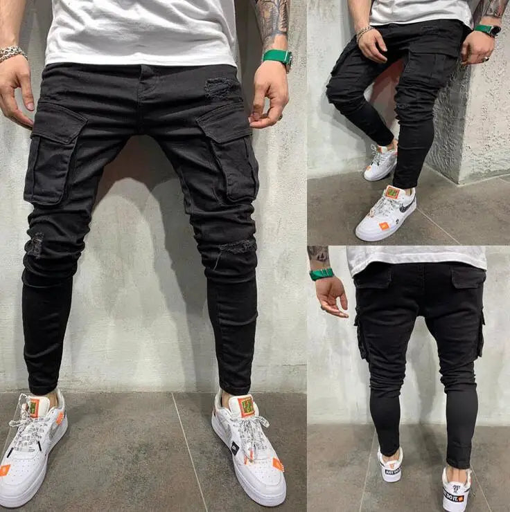 New Fashion Men Skinny Cargo Jeans Long Denim Pant Multi Pocket Stretch Black Work Trousers