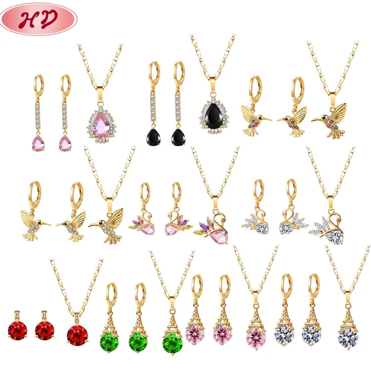 Fabric Factories Price Bulk Trendy Design Zirconia Womens Jewelry 18k Gold Plated Brass Earrings Pendant Necklace Set