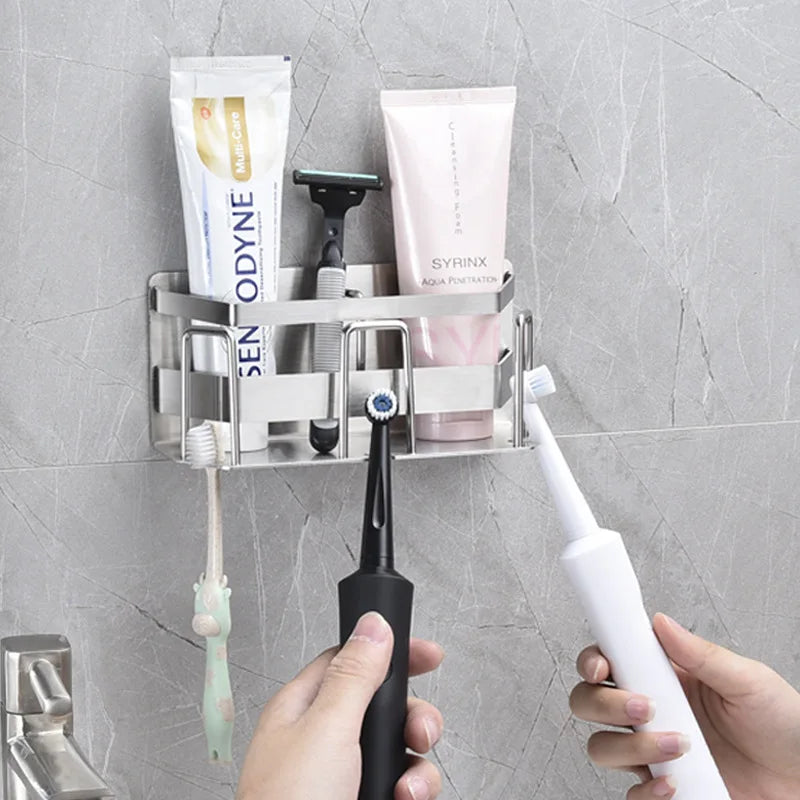 Modern Corner Wall Mount Stainless Steel Dual Tier Toothbrush Holder with Shelf Storage Rack for Bathroom