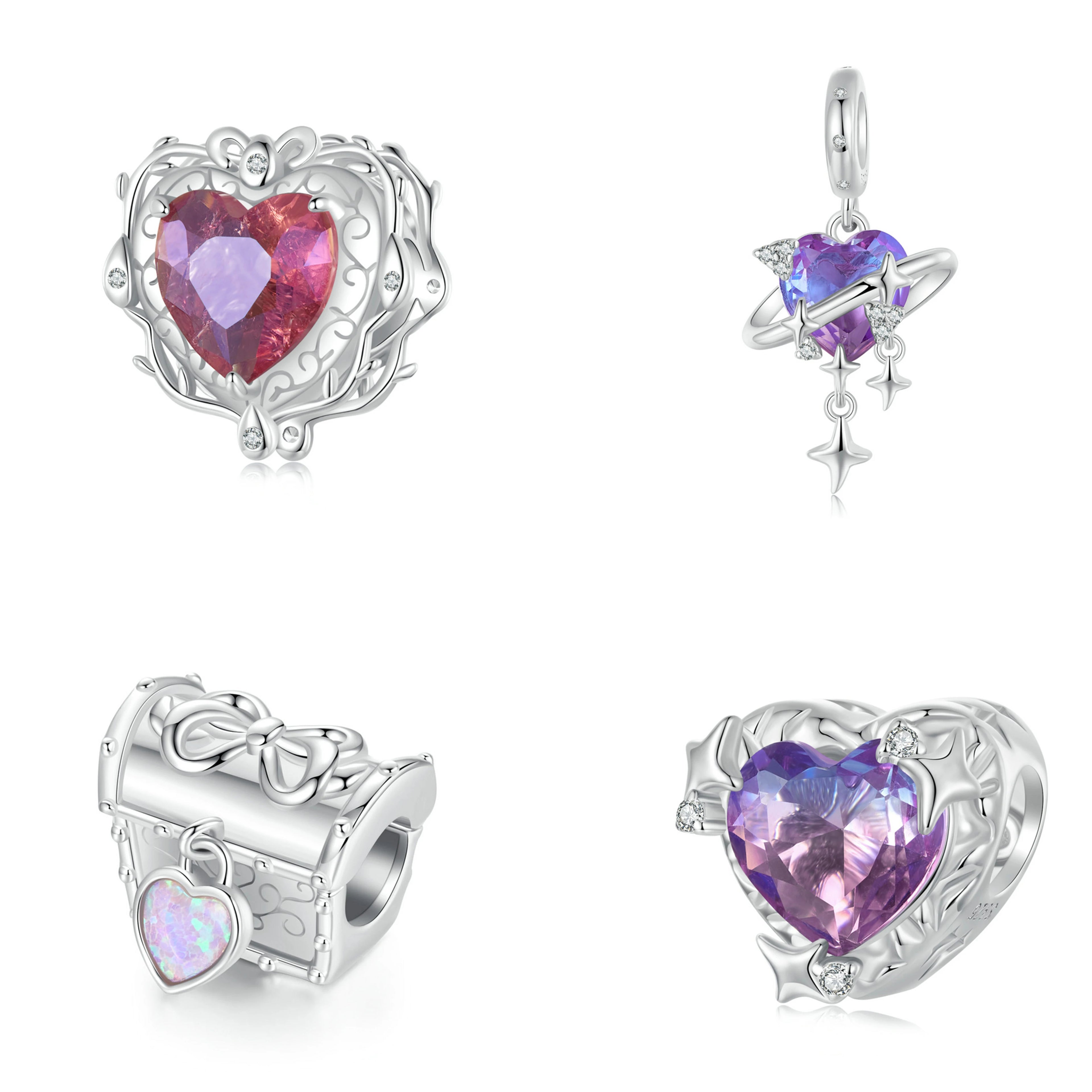 925 Sterling Silver Gradient Purple-pink Heart Charm Pendant Fit Bracelet & Bangle DIY Jewelry Accessories Silver Bead
