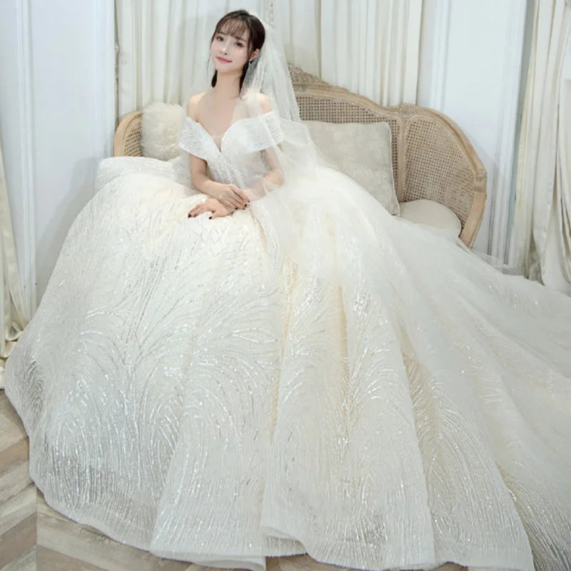 Customize Luxury Sequins Classic Boat Neck Bridal Gown Off Shoulder Wedding Dresses